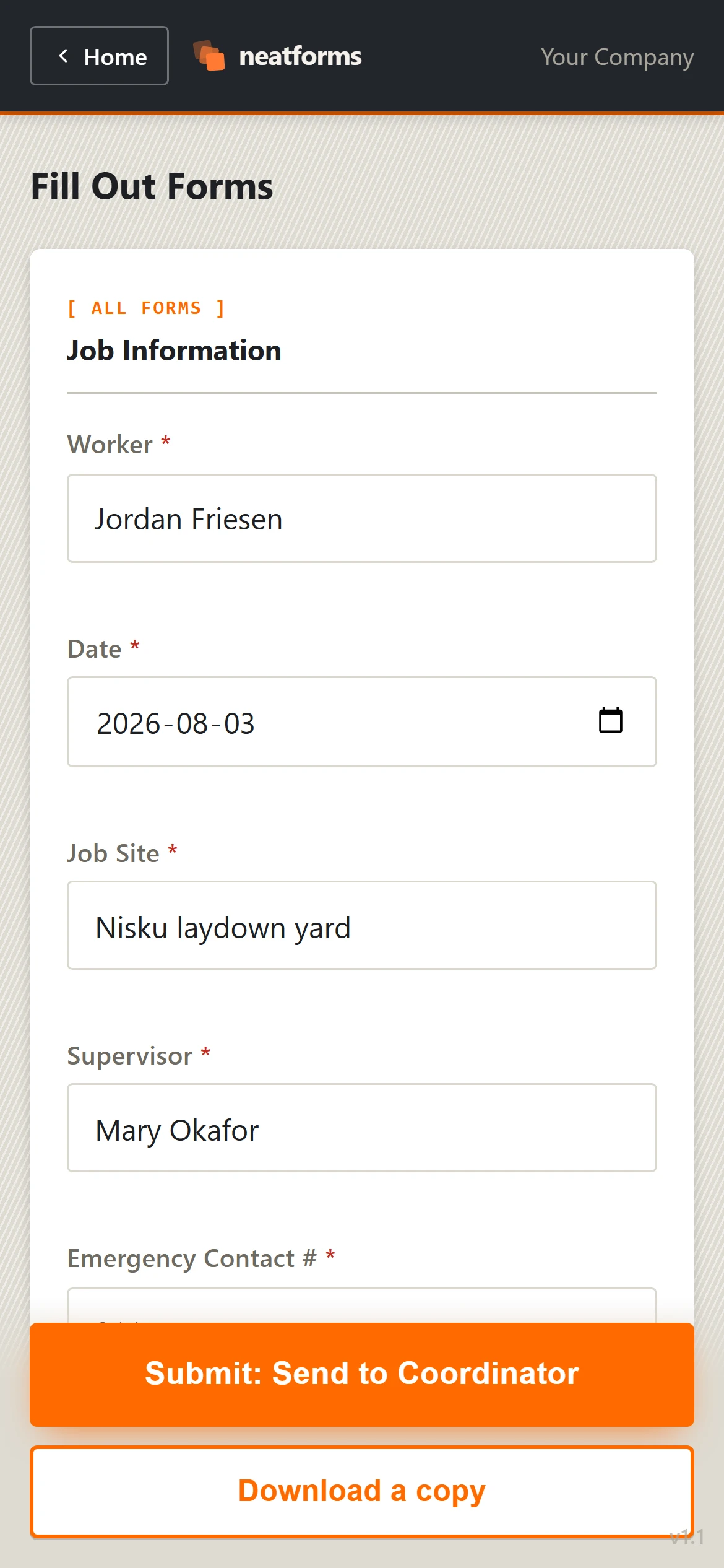 Filling out the form: the Job Information card with worker, date, and job site.