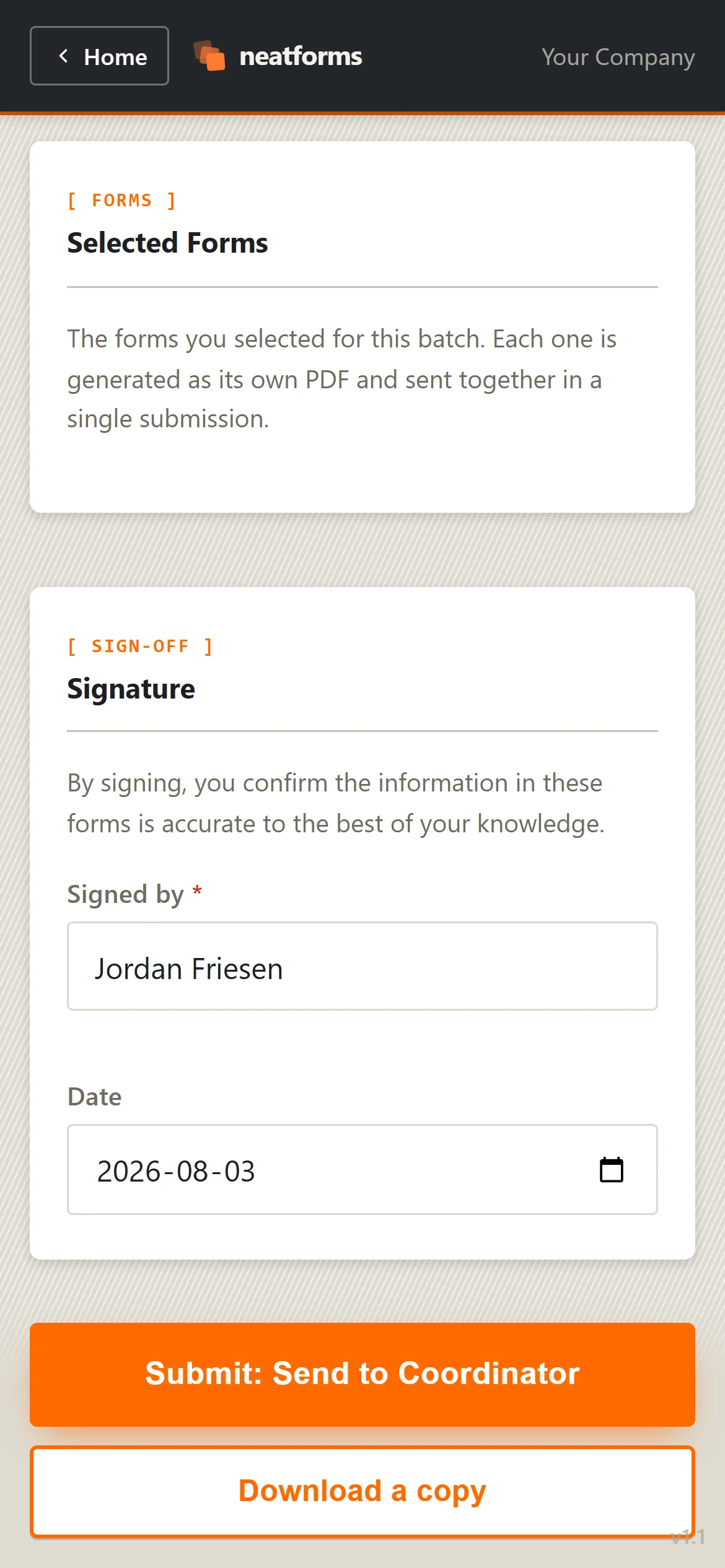 Sign-off: the Signature card showing a signed-by name and date.