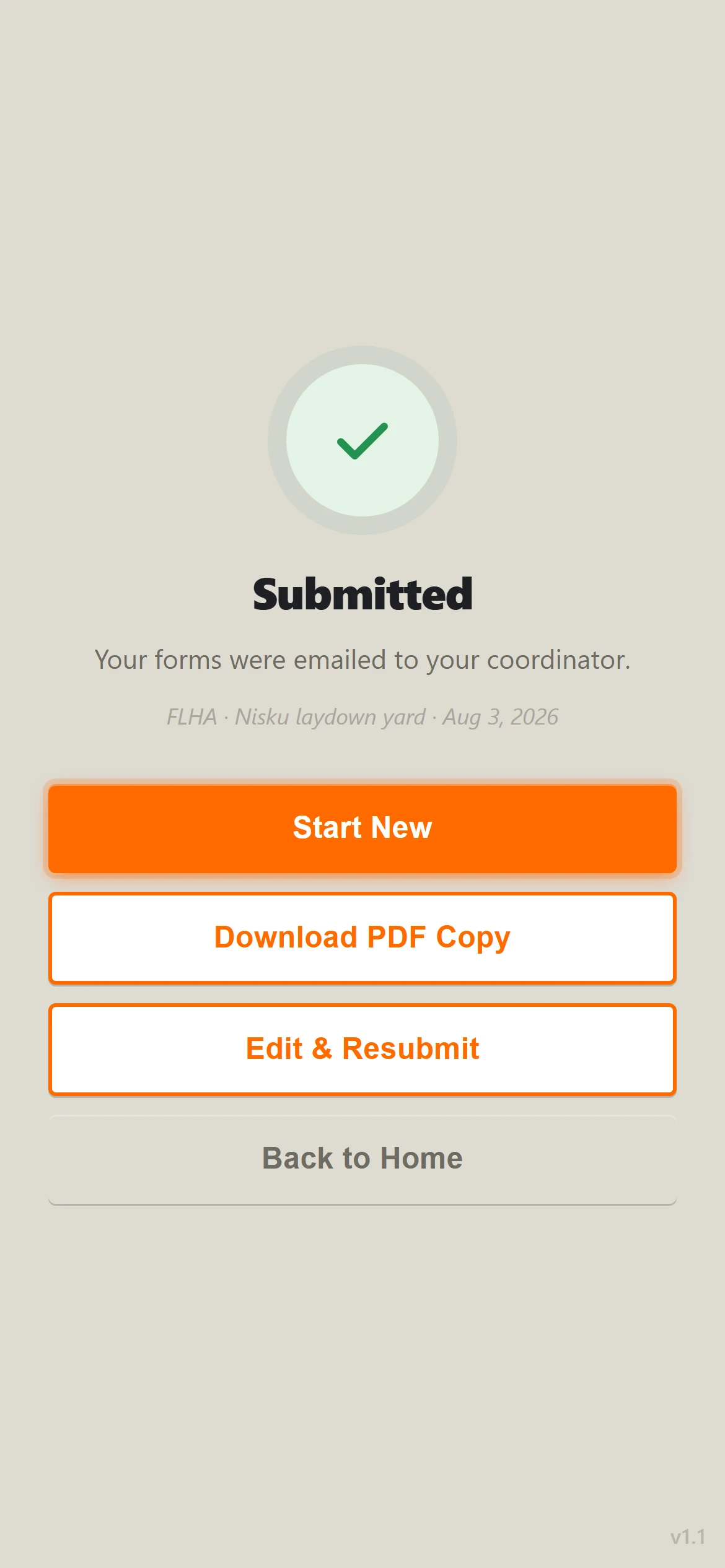The Submitted screen confirming the forms were emailed to the coordinator.
