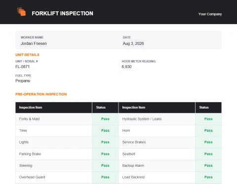 Forklift Inspection PDF: unit, hour meter and fuel type, above a pre-operation inspection checklist
