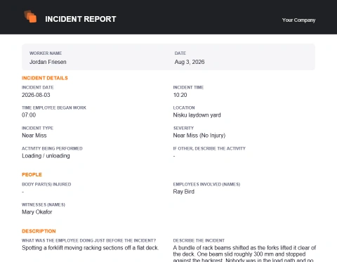 Incident Report PDF: incident date and time, location, type and severity, and the activity being performed