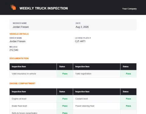 Weekly Truck Inspection PDF: driver, plate and mileage, then documentation and engine compartment checklists